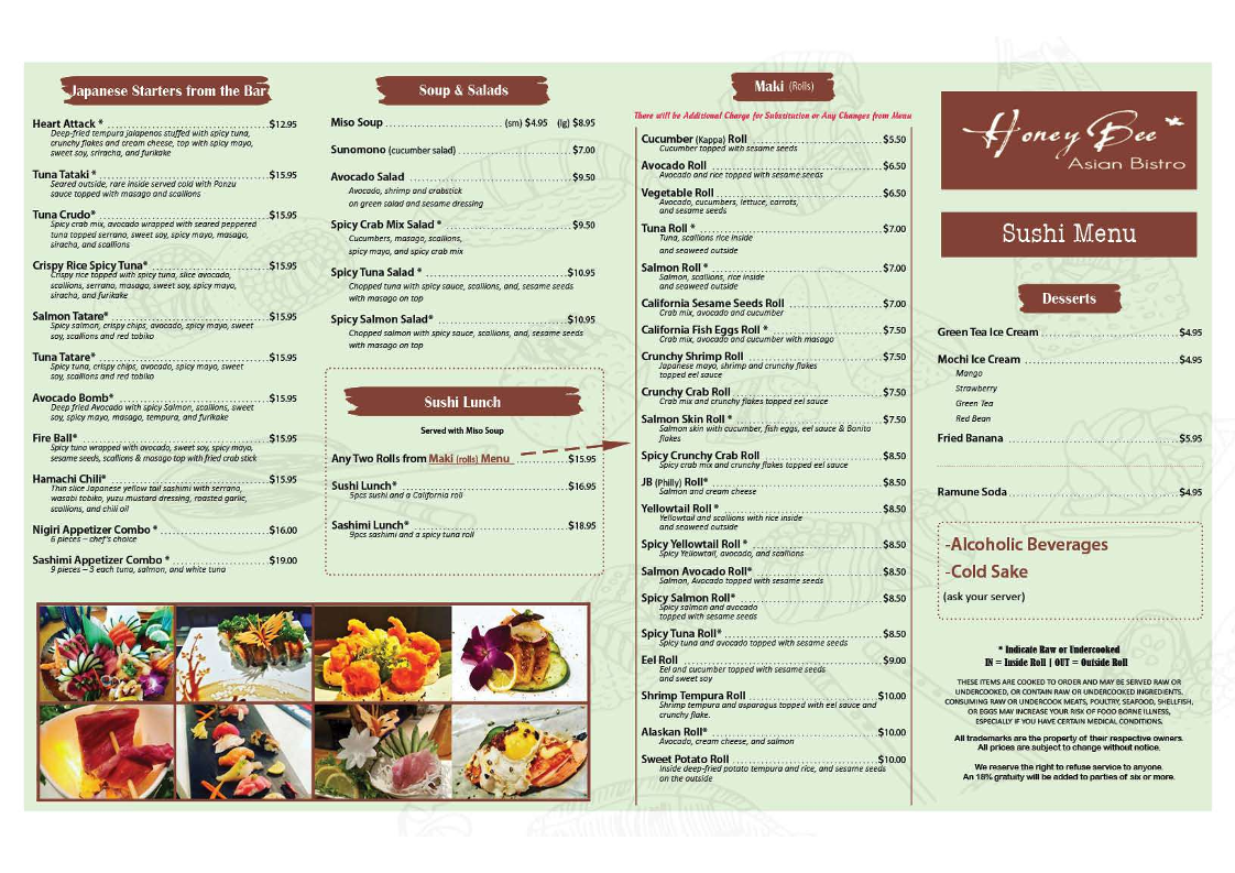 HoneyBee Asian Bistro & Sushi menu board
