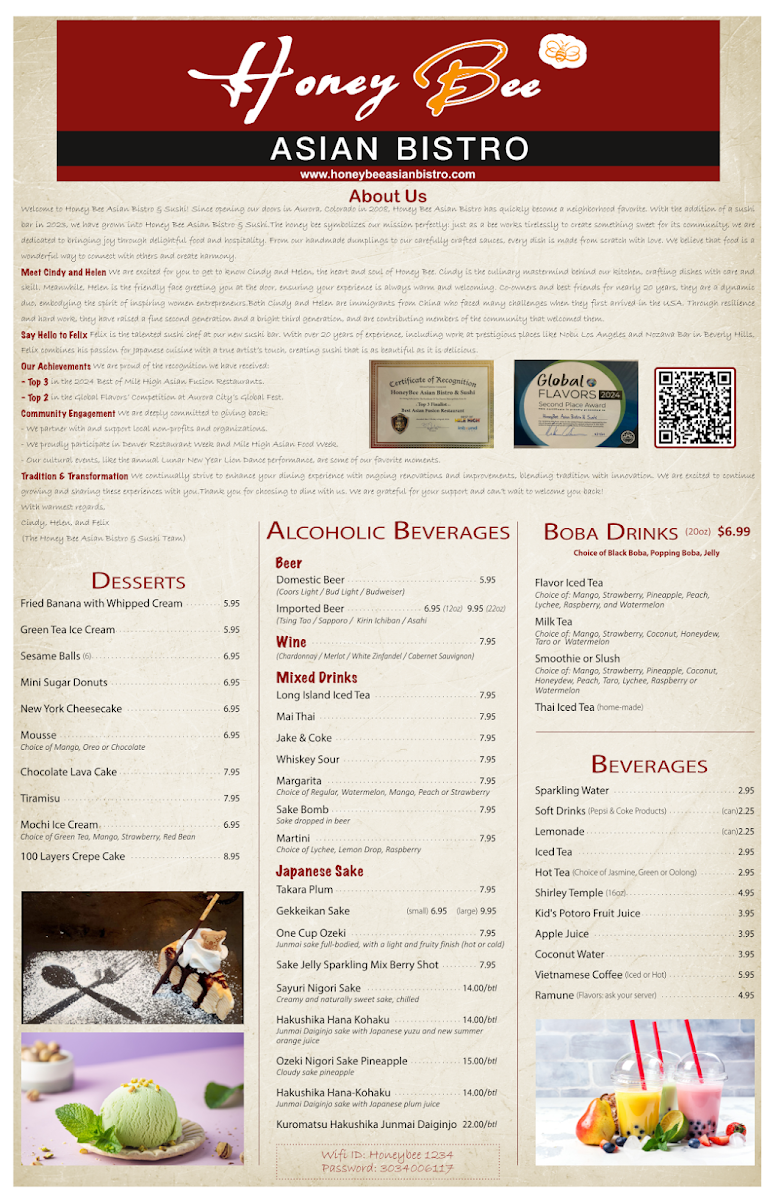 HoneyBee Asian Bistro & Sushi menu board