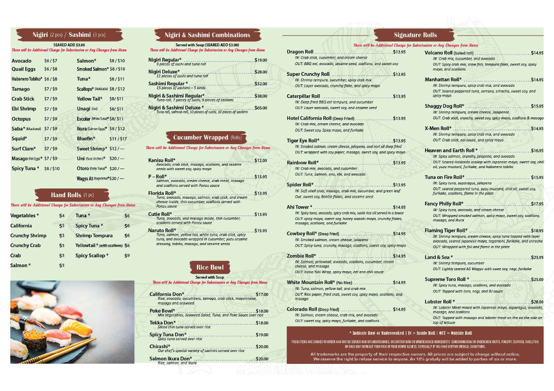 HoneyBee Asian Bistro & Sushi menu board