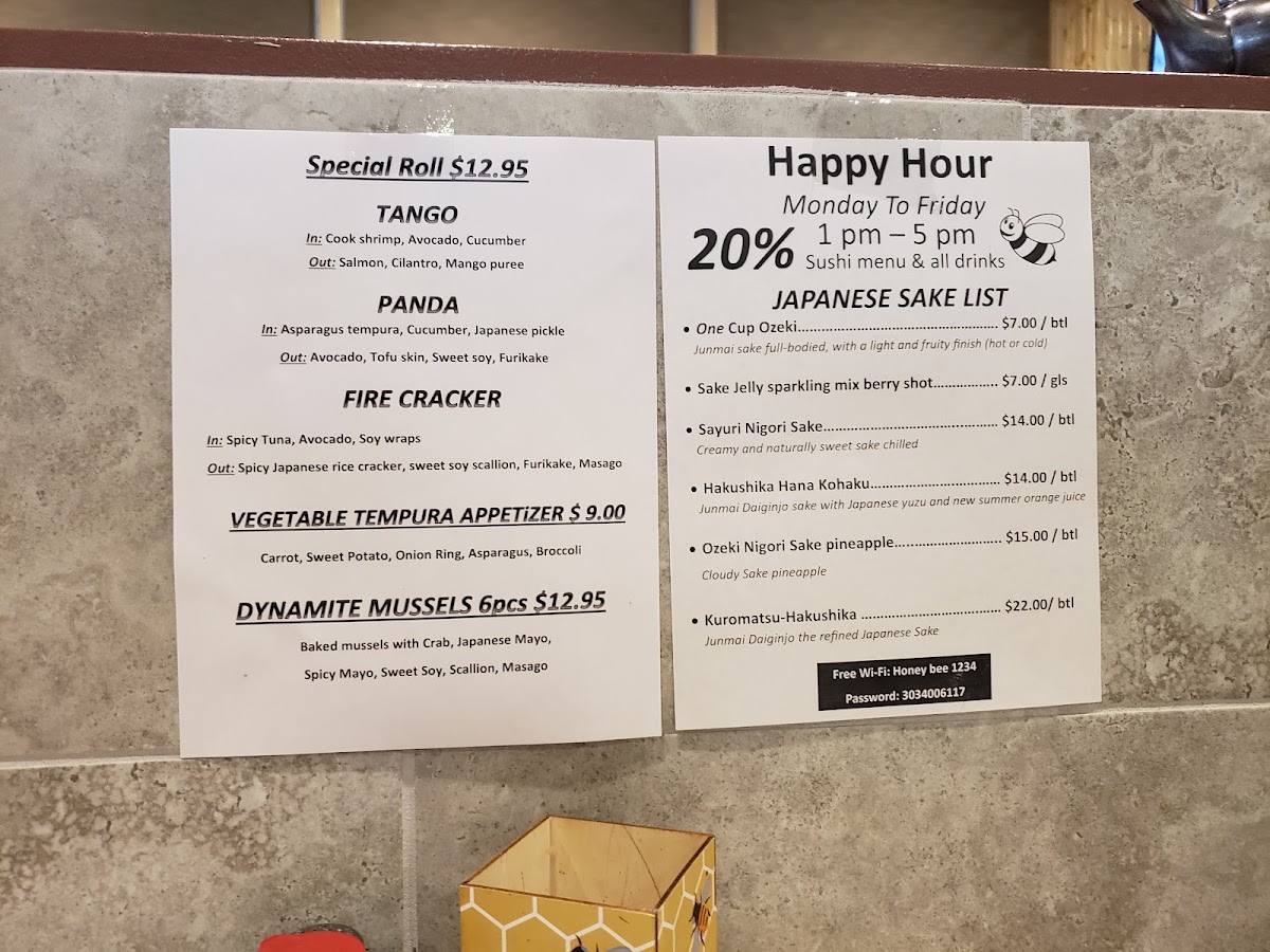 HoneyBee Asian Bistro & Sushi menu board