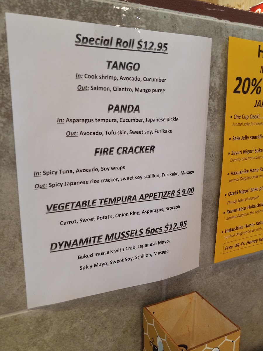 HoneyBee Asian Bistro & Sushi menu board