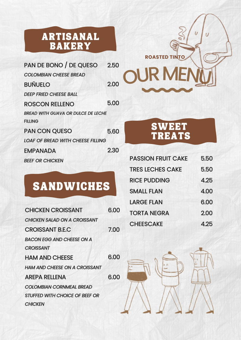 Roasted Tinto Coffee & Bakery menu board