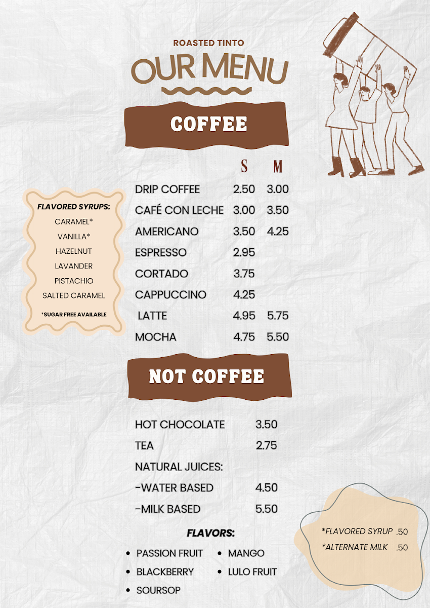 Roasted Tinto Coffee & Bakery menu board