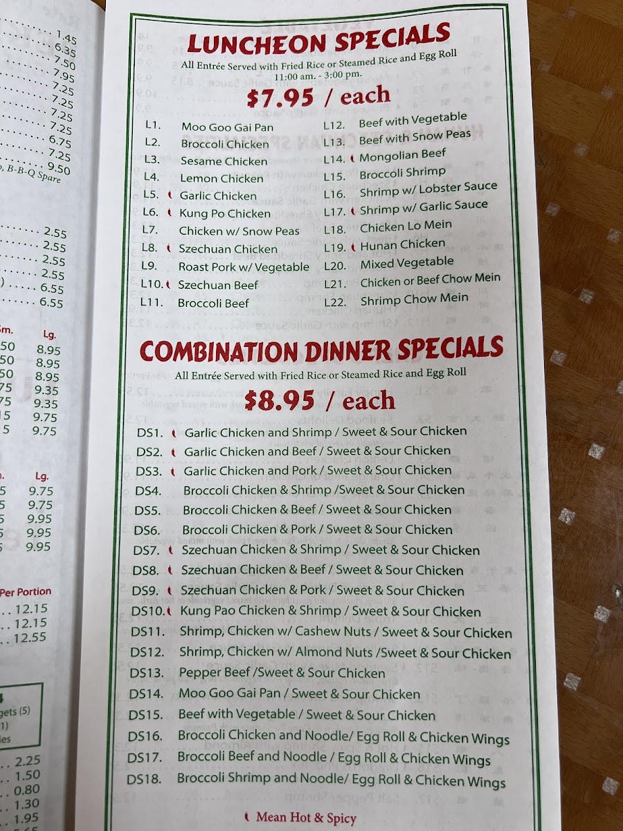 Peking Kitchen menu board