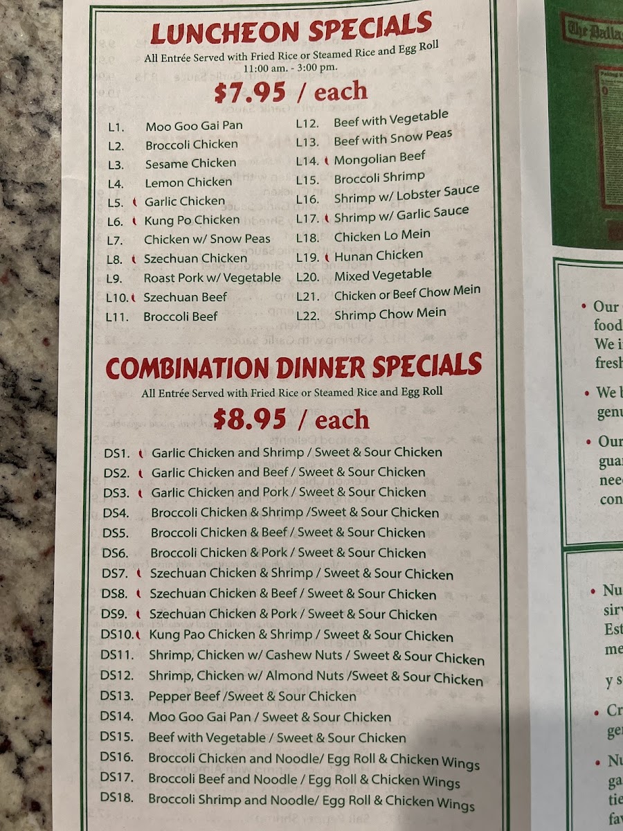 Peking Kitchen menu board