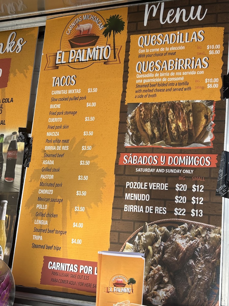 El palmito tacos menu board