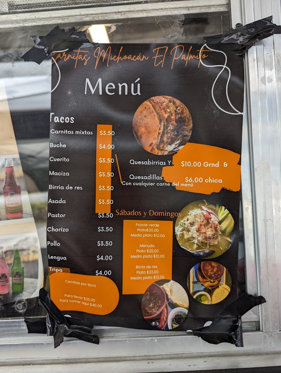 El palmito tacos menu board