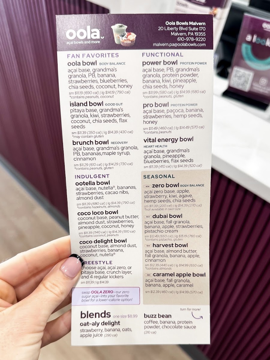 Oola Bowls Malvern menu board