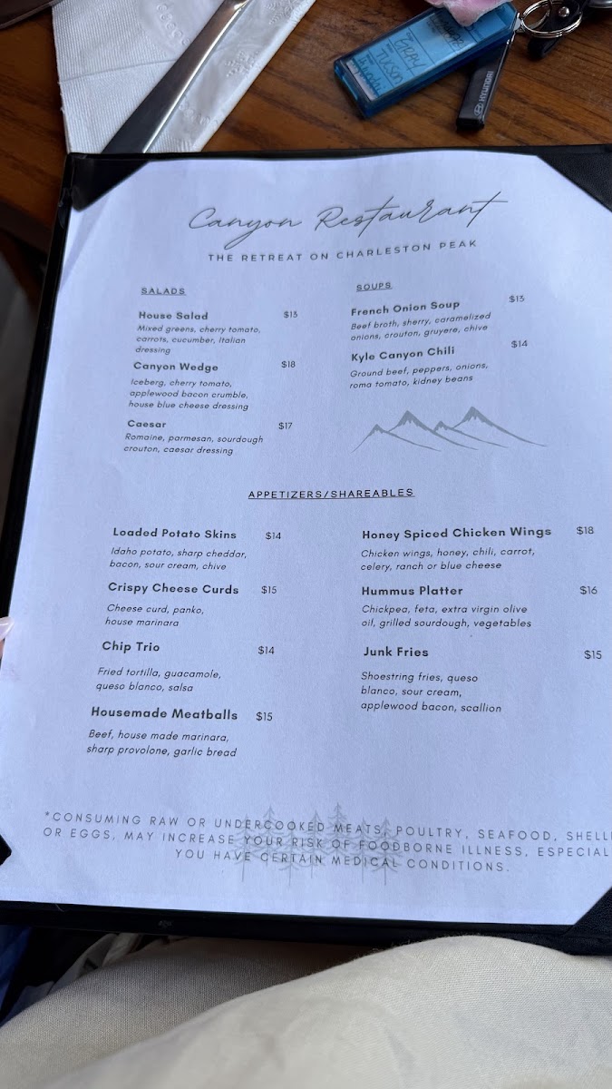 Canyon Restaurant & Tavern Bar menu board