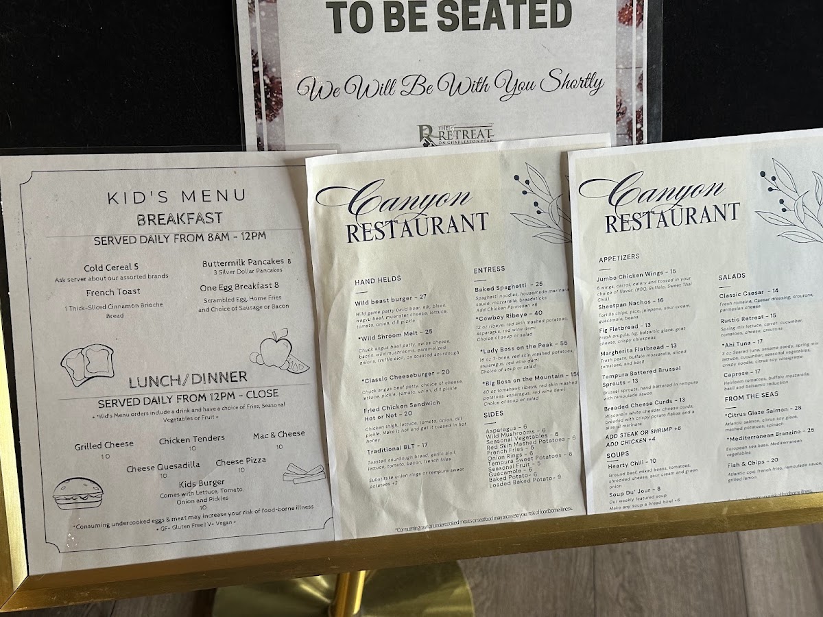 Canyon Restaurant & Tavern Bar menu board