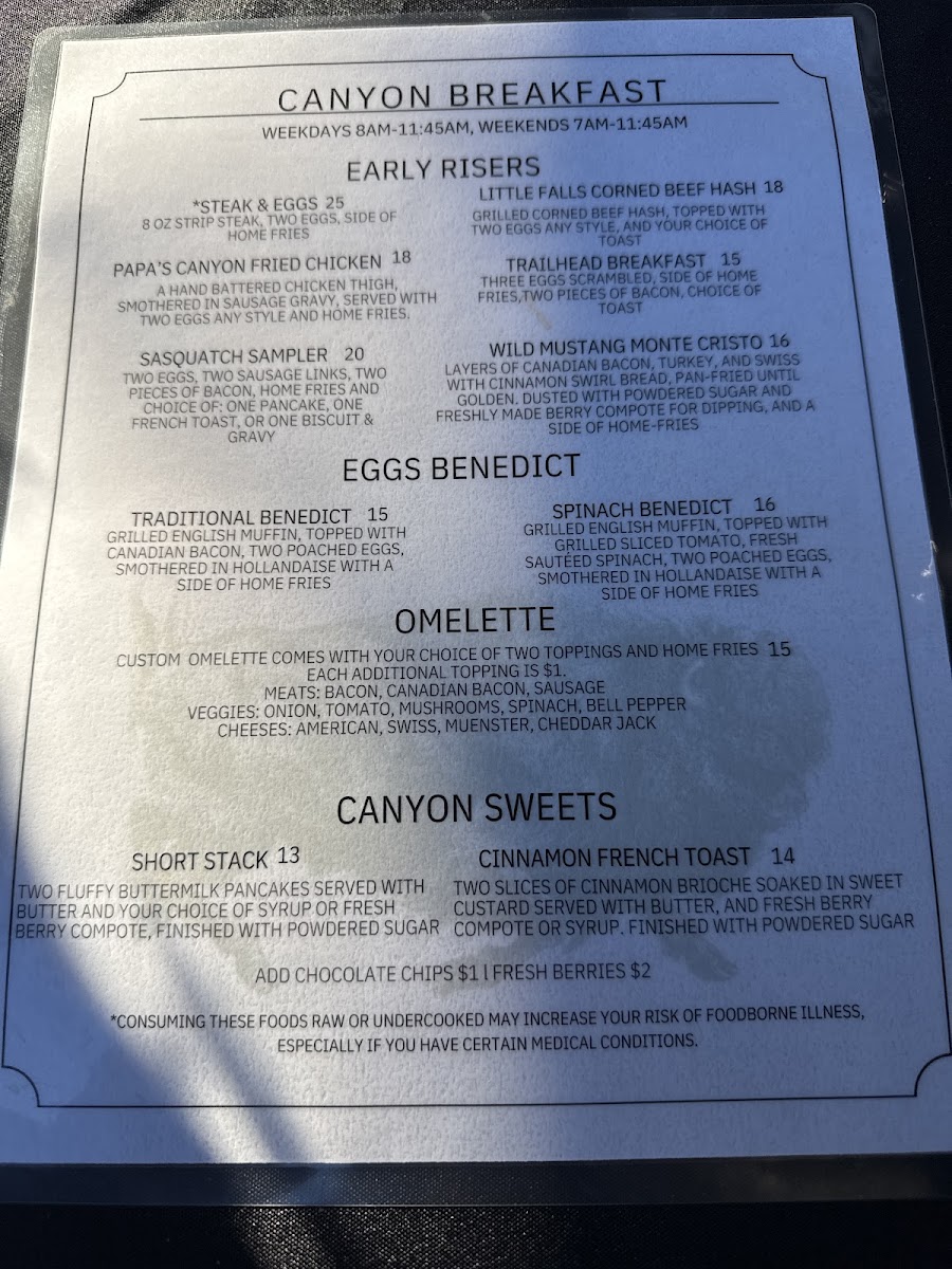 Canyon Restaurant & Tavern Bar menu board