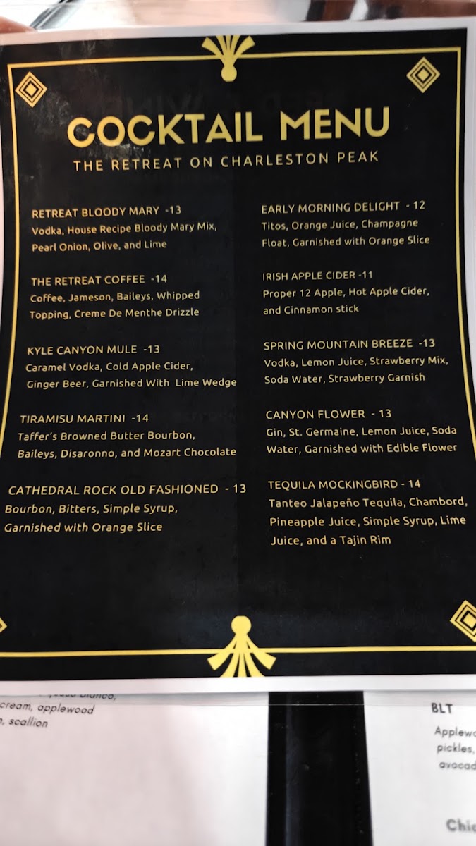 Canyon Restaurant & Tavern Bar menu board