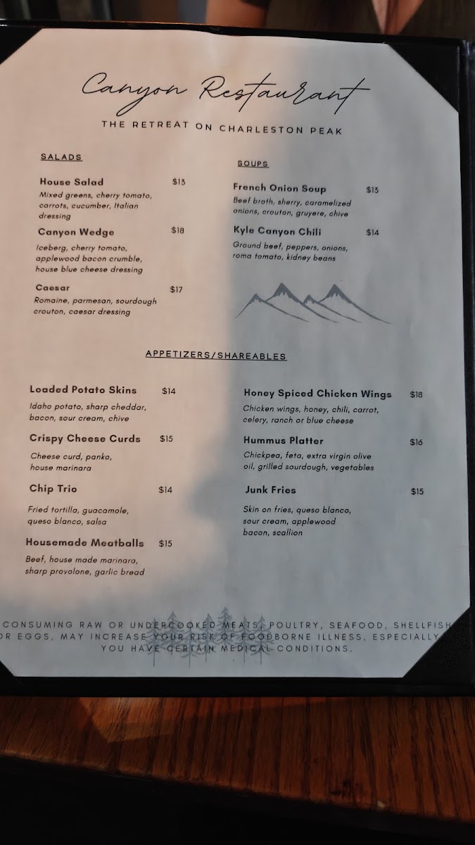 Canyon Restaurant & Tavern Bar menu board