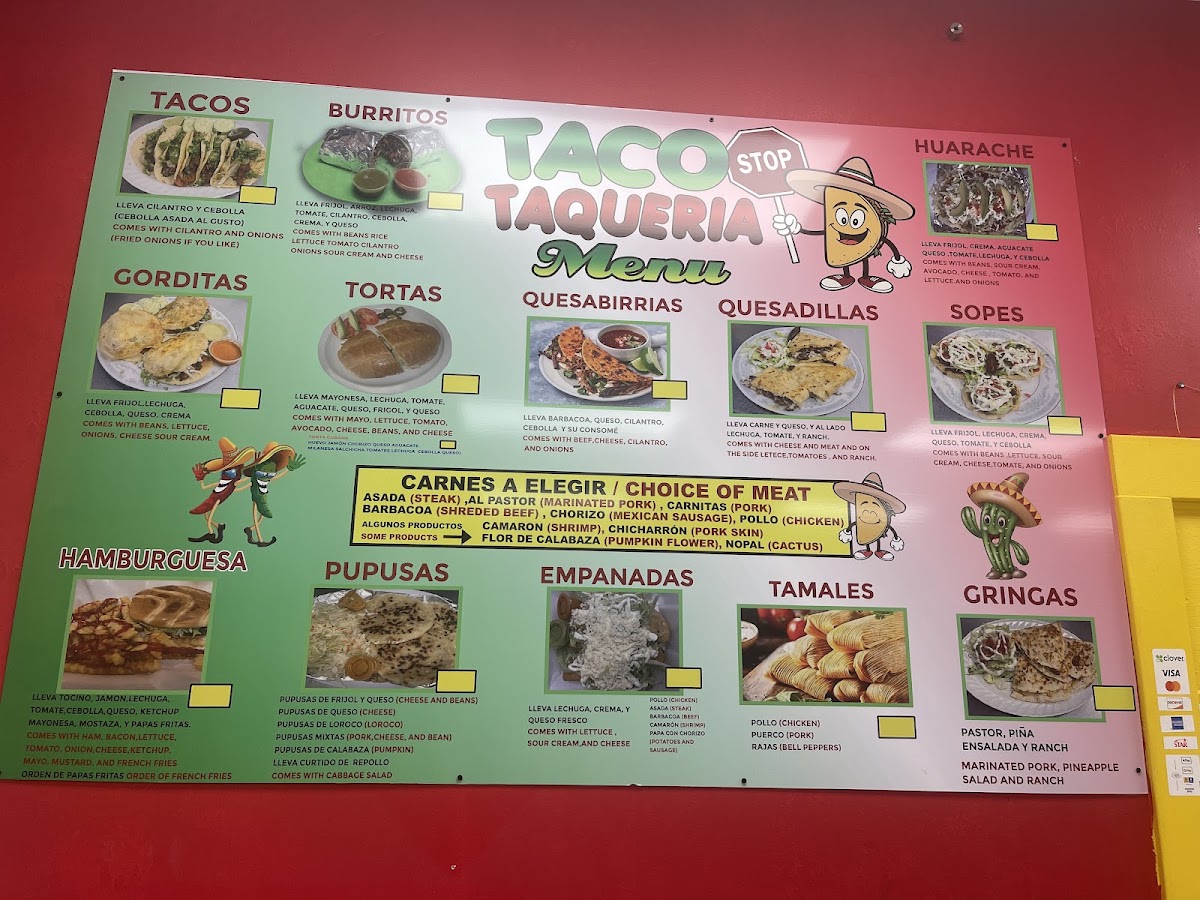 Taco Stop Taqueria menu board