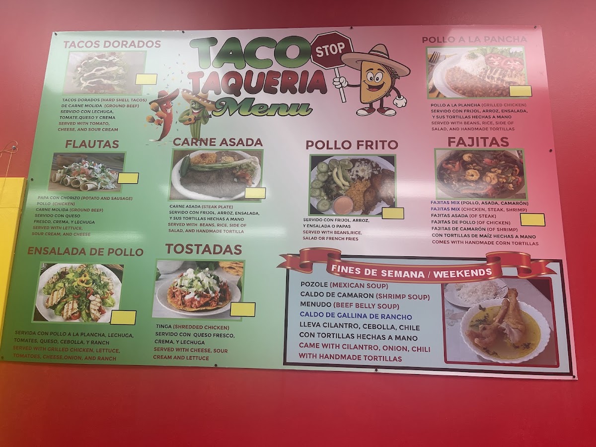Taco Stop Taqueria menu board