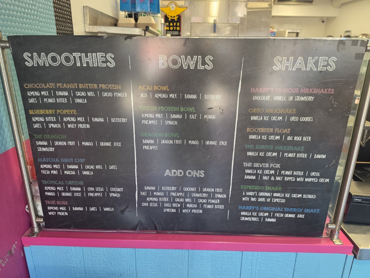 Harry's Taco Club + Juice Bar menu board