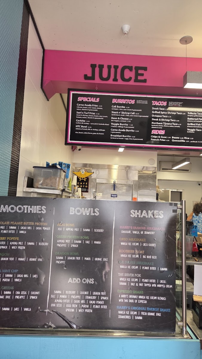 Harry's Taco Club + Juice Bar menu board