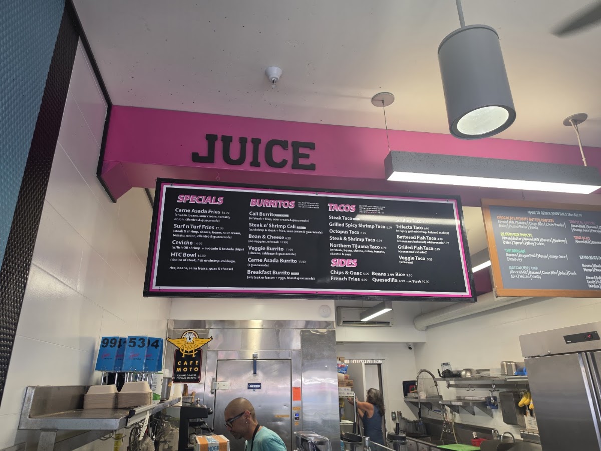 Harry's Taco Club + Juice Bar menu board