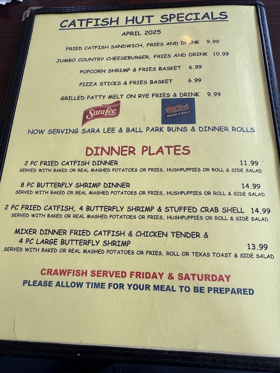 Catfish Hut menu board