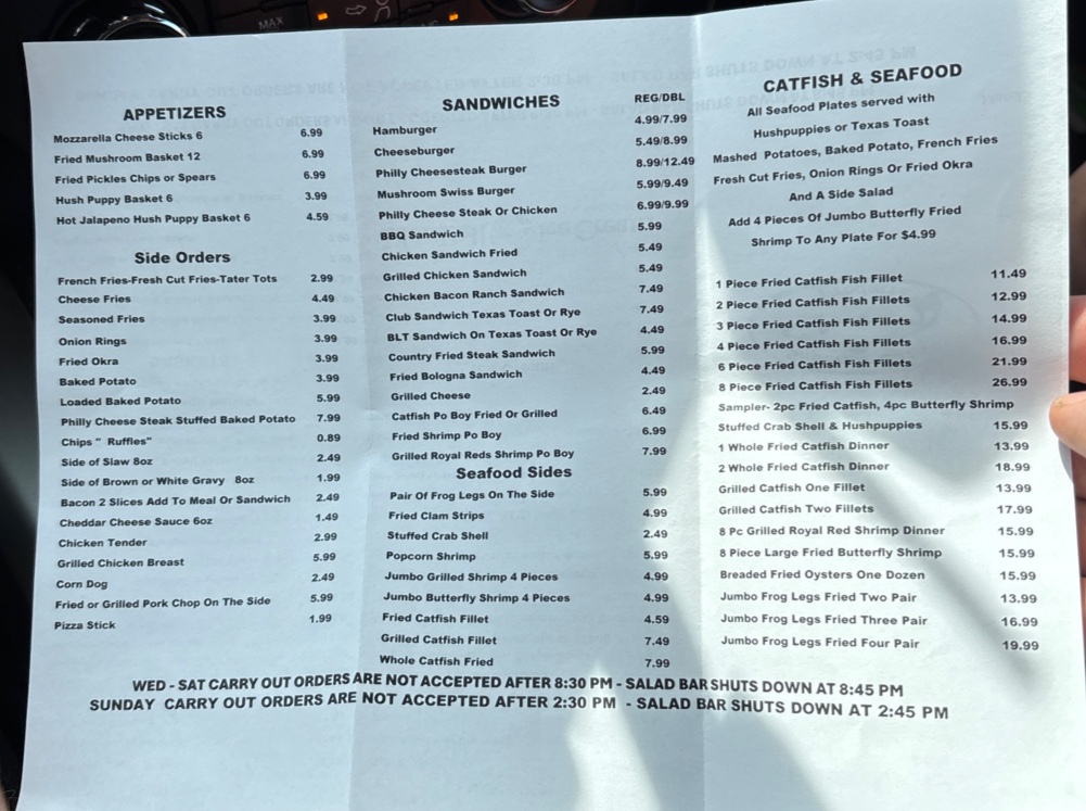 Catfish Hut menu board