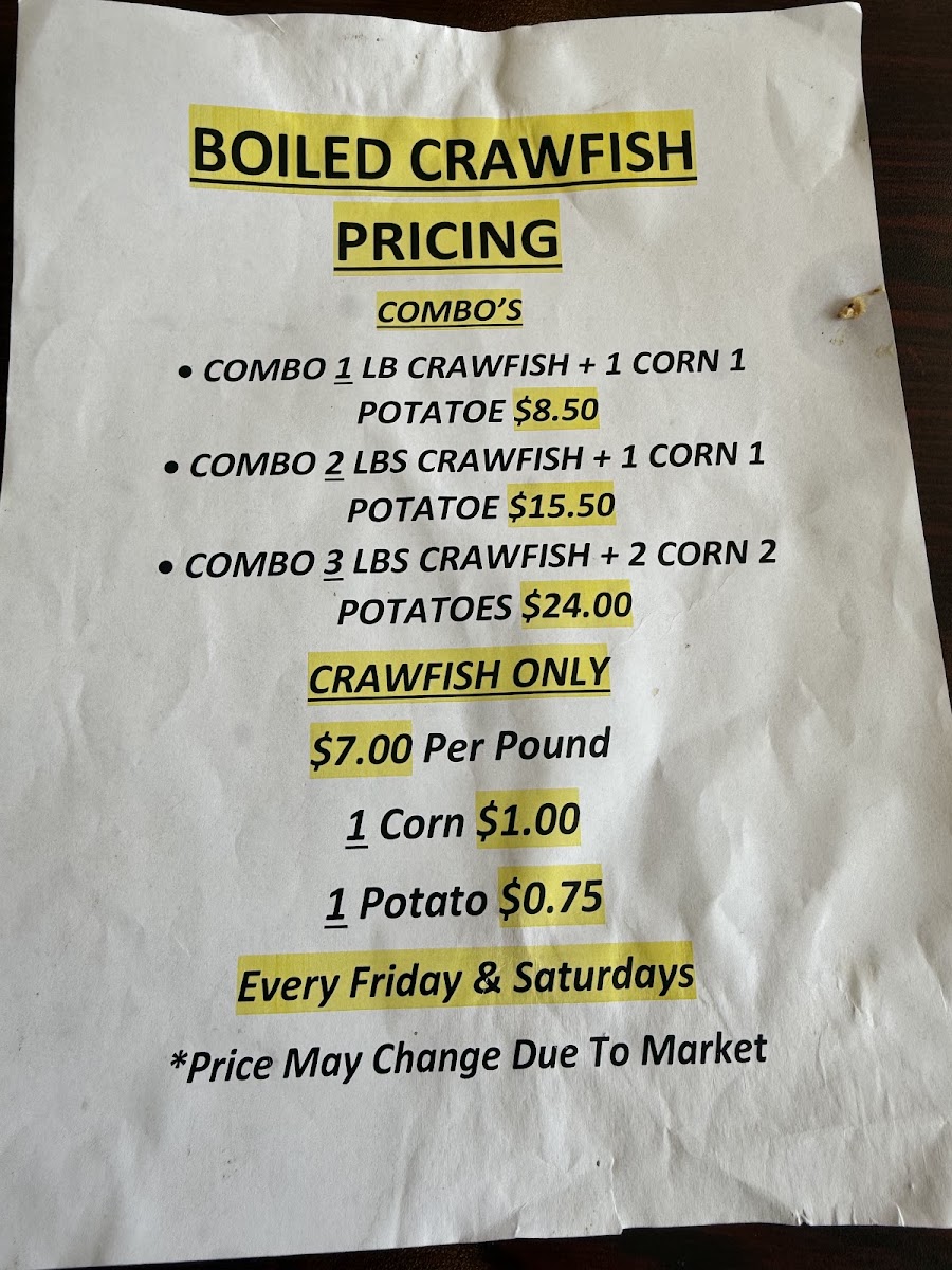 Catfish Hut menu board