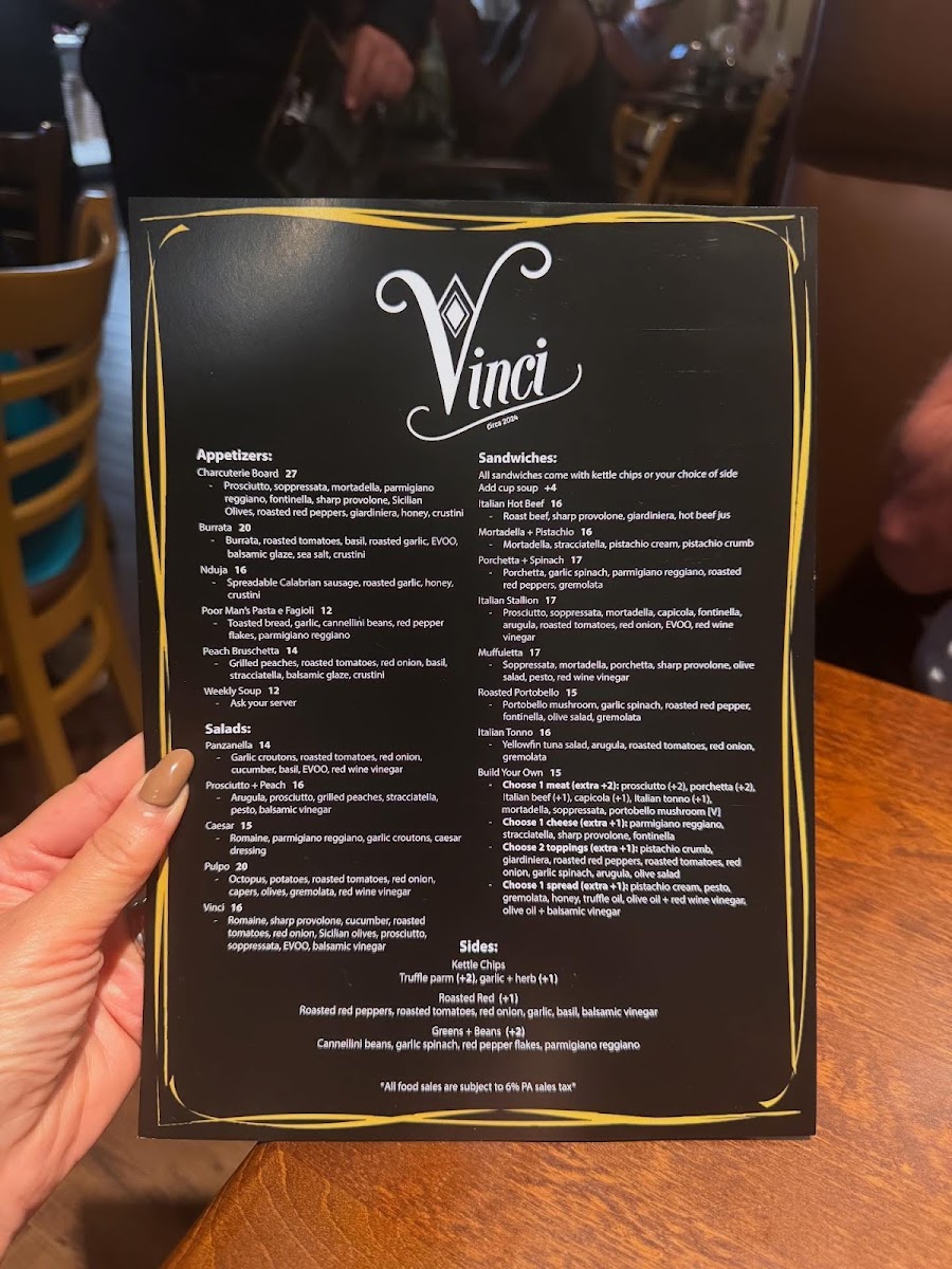 Vinci Winery menu board