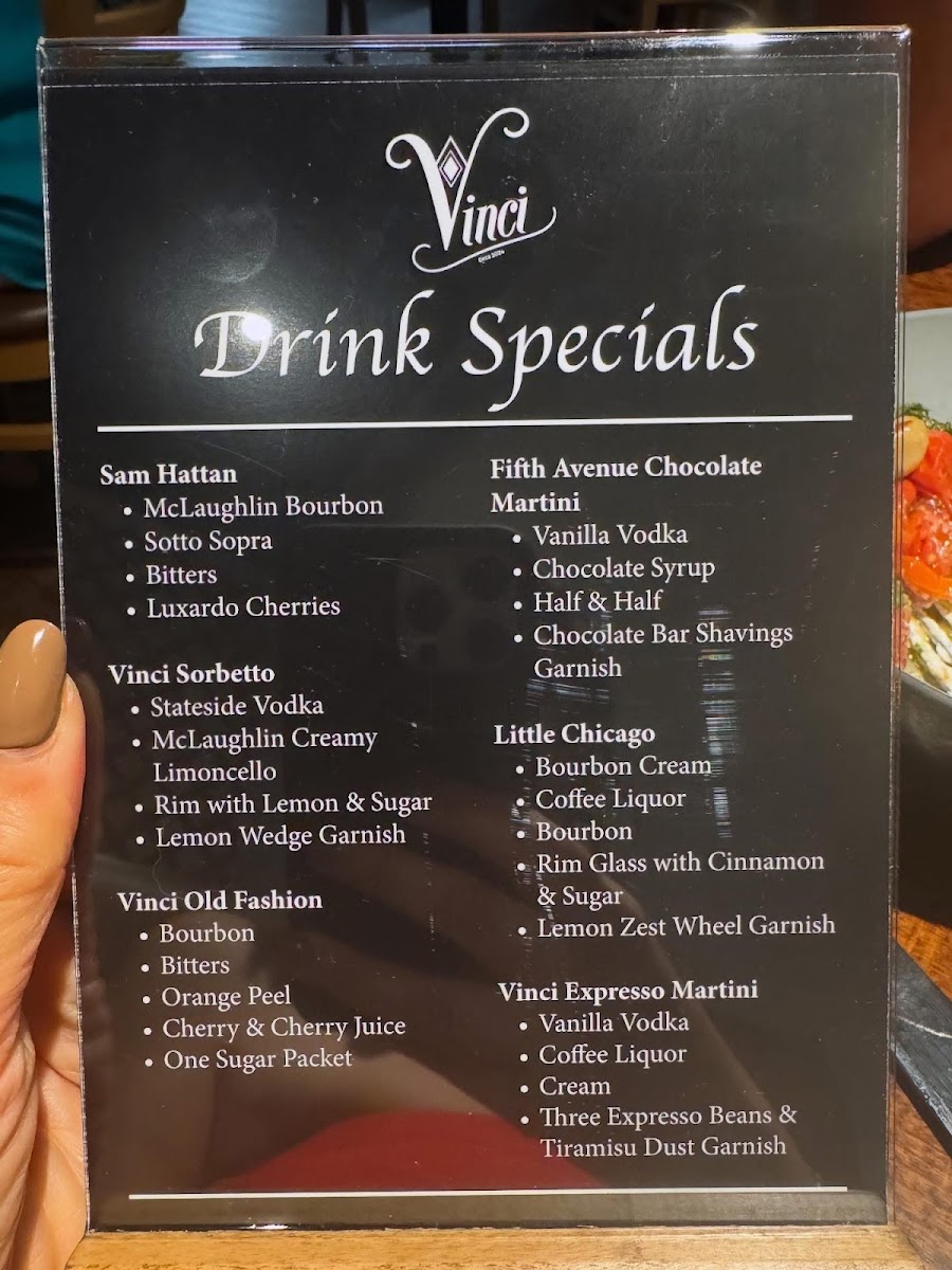 Vinci Winery menu board