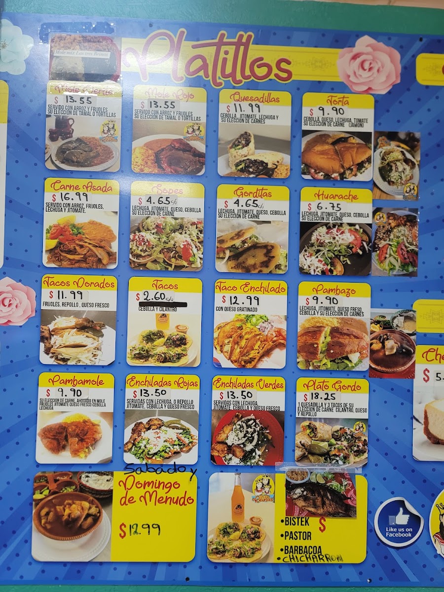 Las Tres Reinas menu board