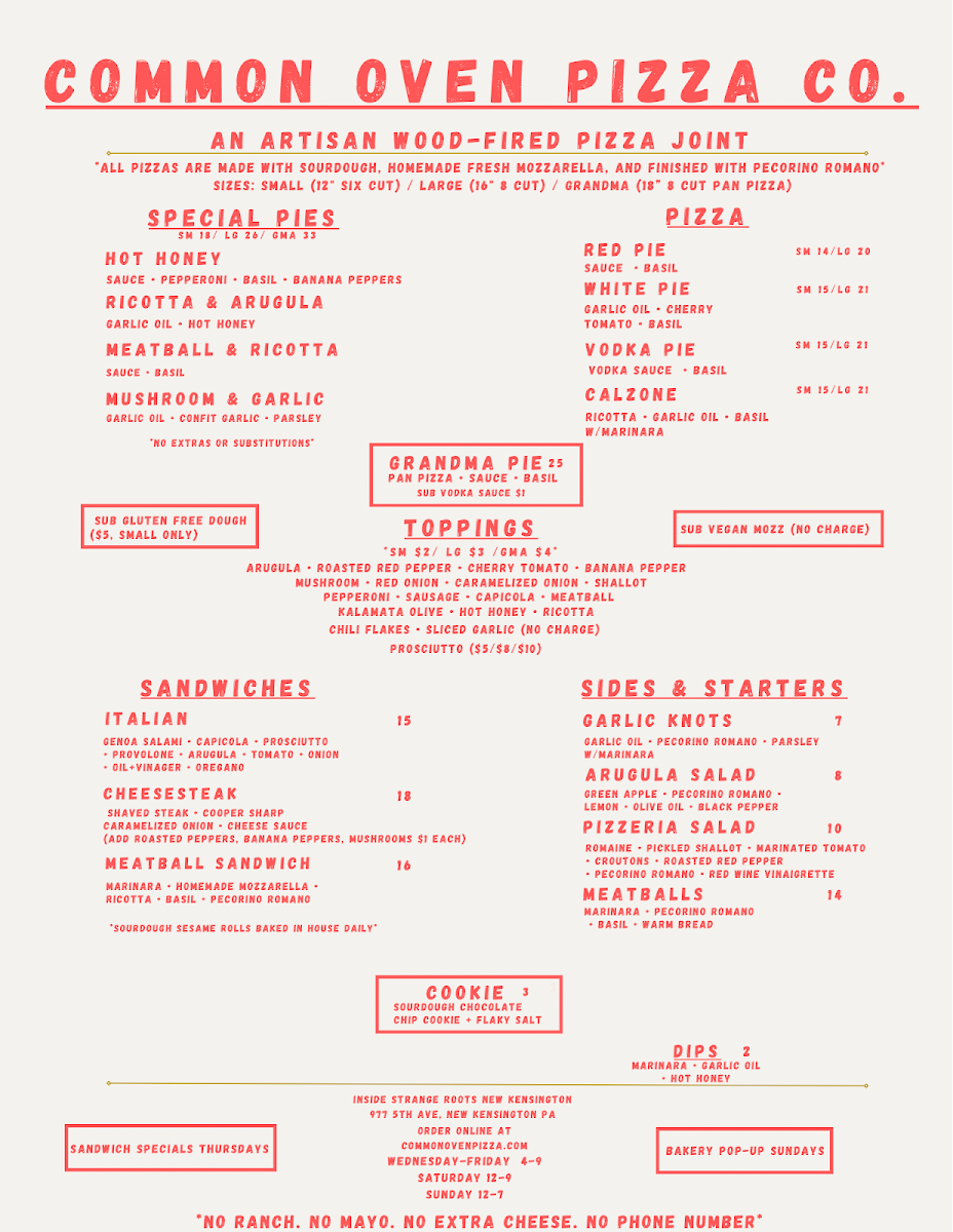 Common Oven Pizza Co. menu board