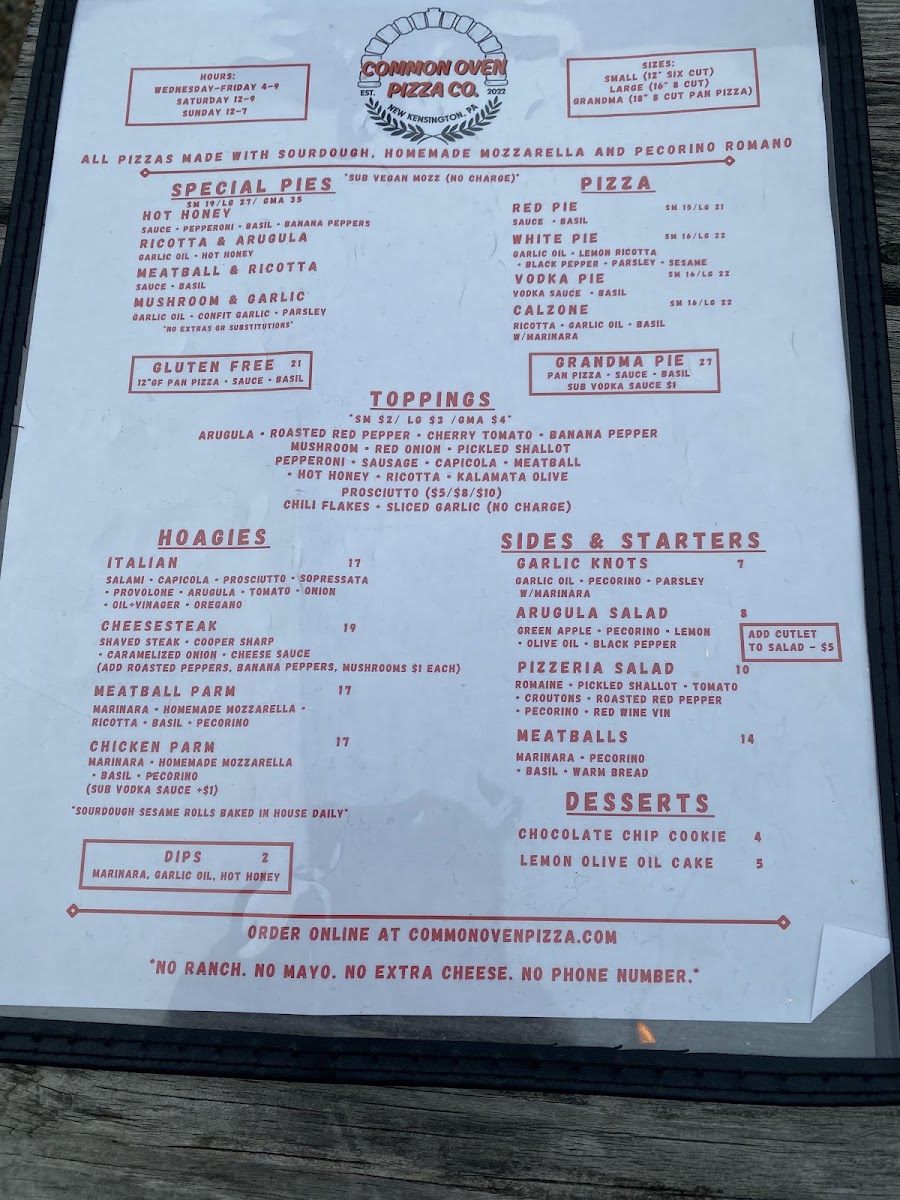 Common Oven Pizza Co. menu board