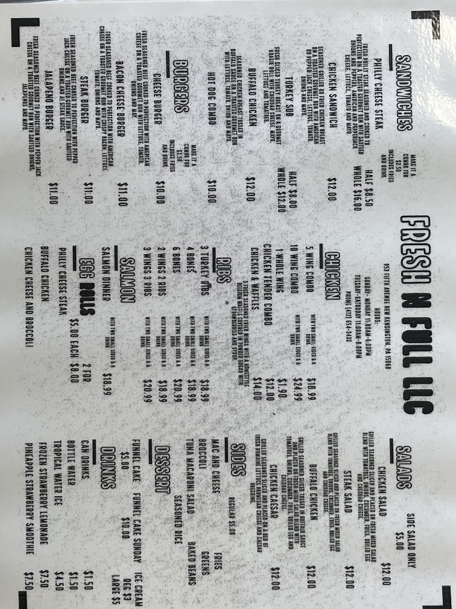Fresh N Full LLC menu board