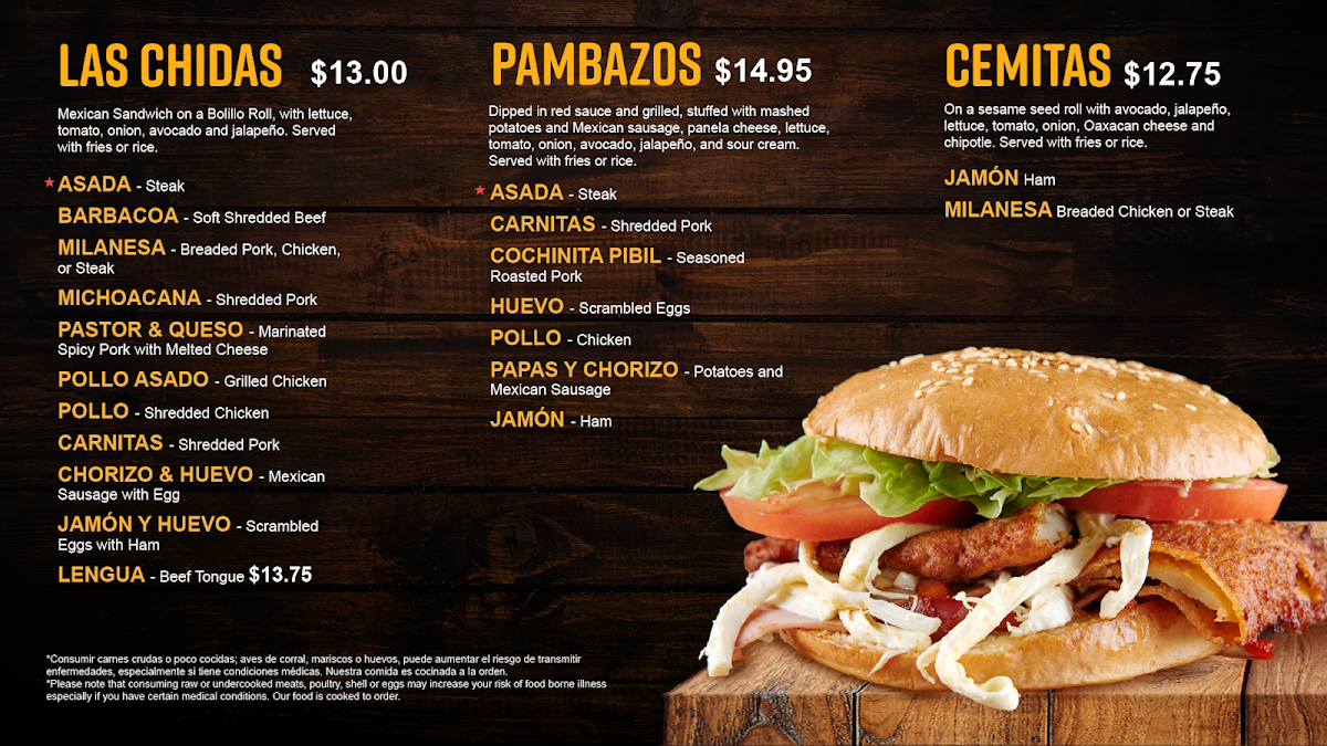 Las Megas Tortas menu board