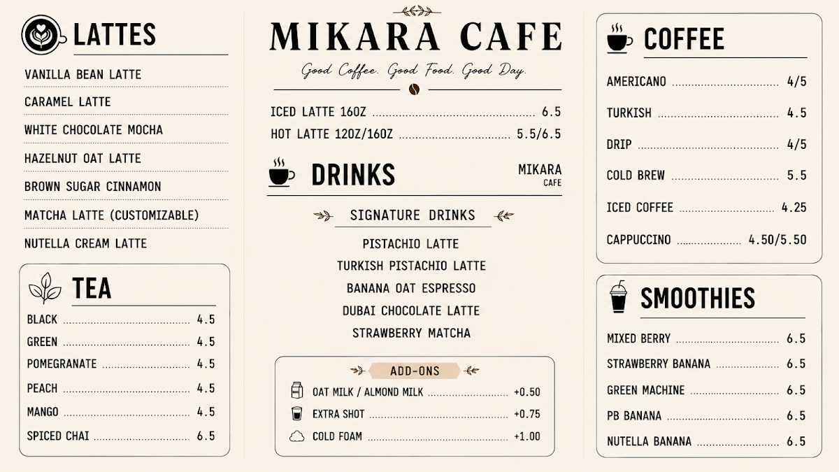 Demi Cafe Cafe. menu board