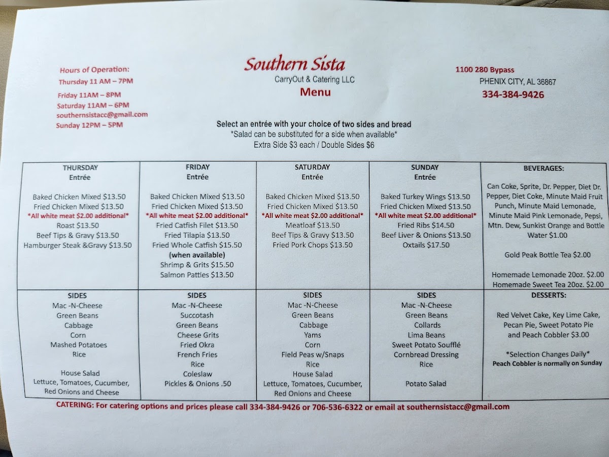 Southern Sista Carry Out & Catering menu board