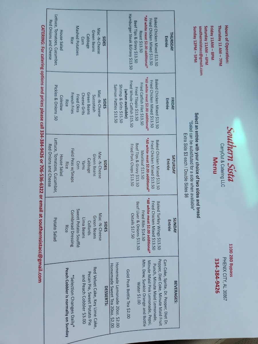 Southern Sista Carry Out & Catering menu board