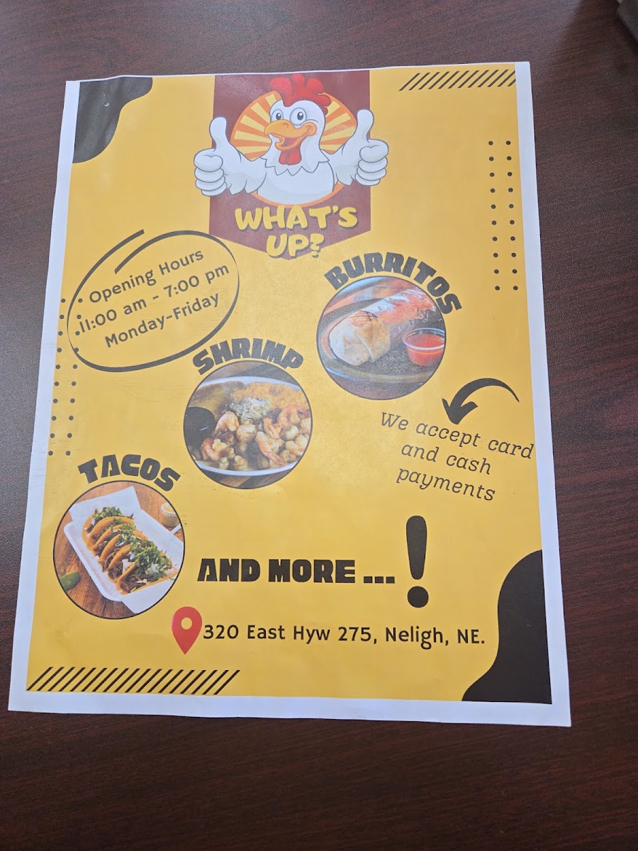 What's Up Burritos, Shrimp, Tacos and More! menu board