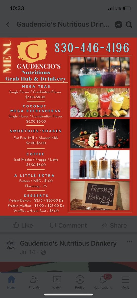 Gaudencio’s Grub Hub & Drinkery menu board