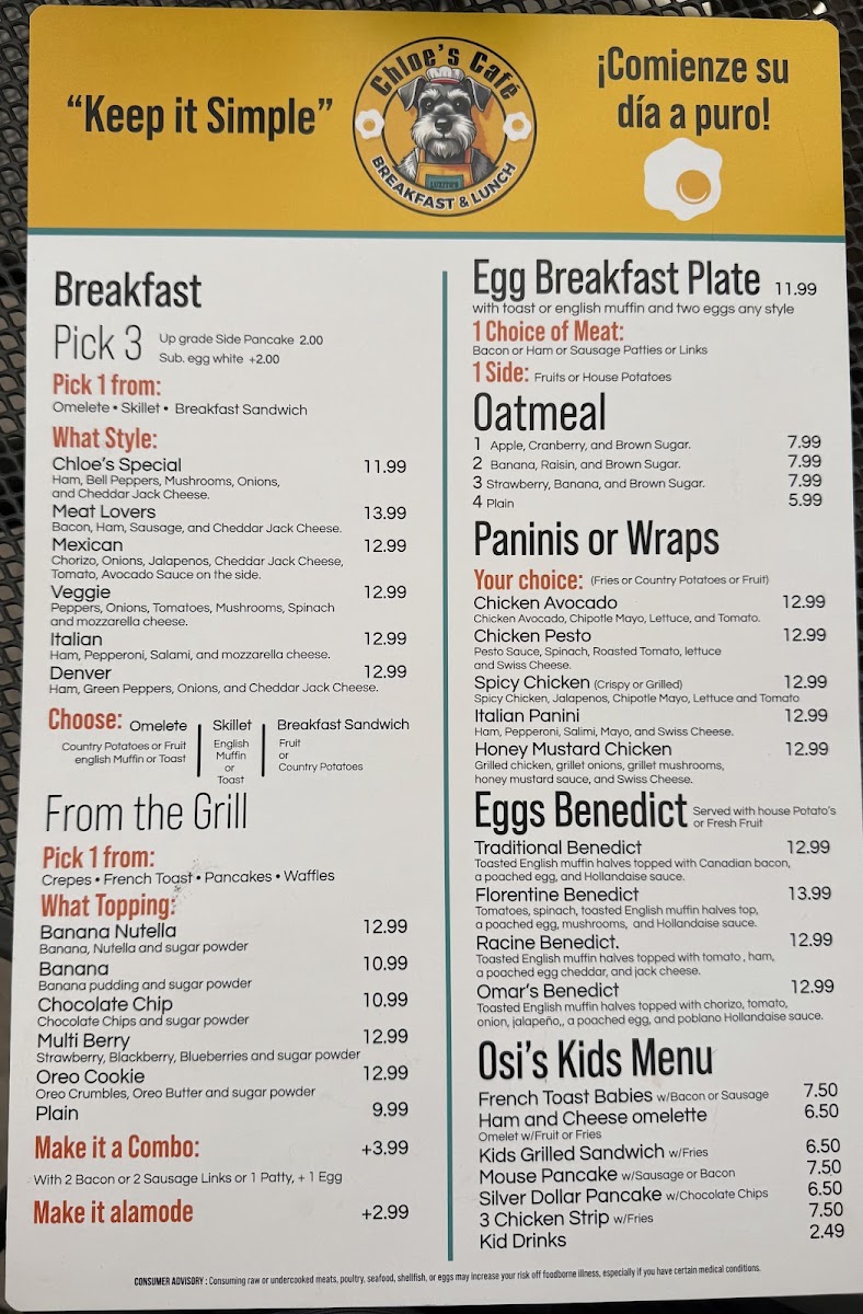 Chloe’s Cafe menu board