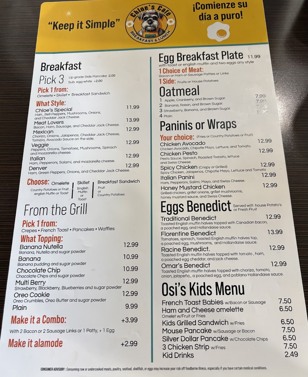 Chloe’s Cafe menu board