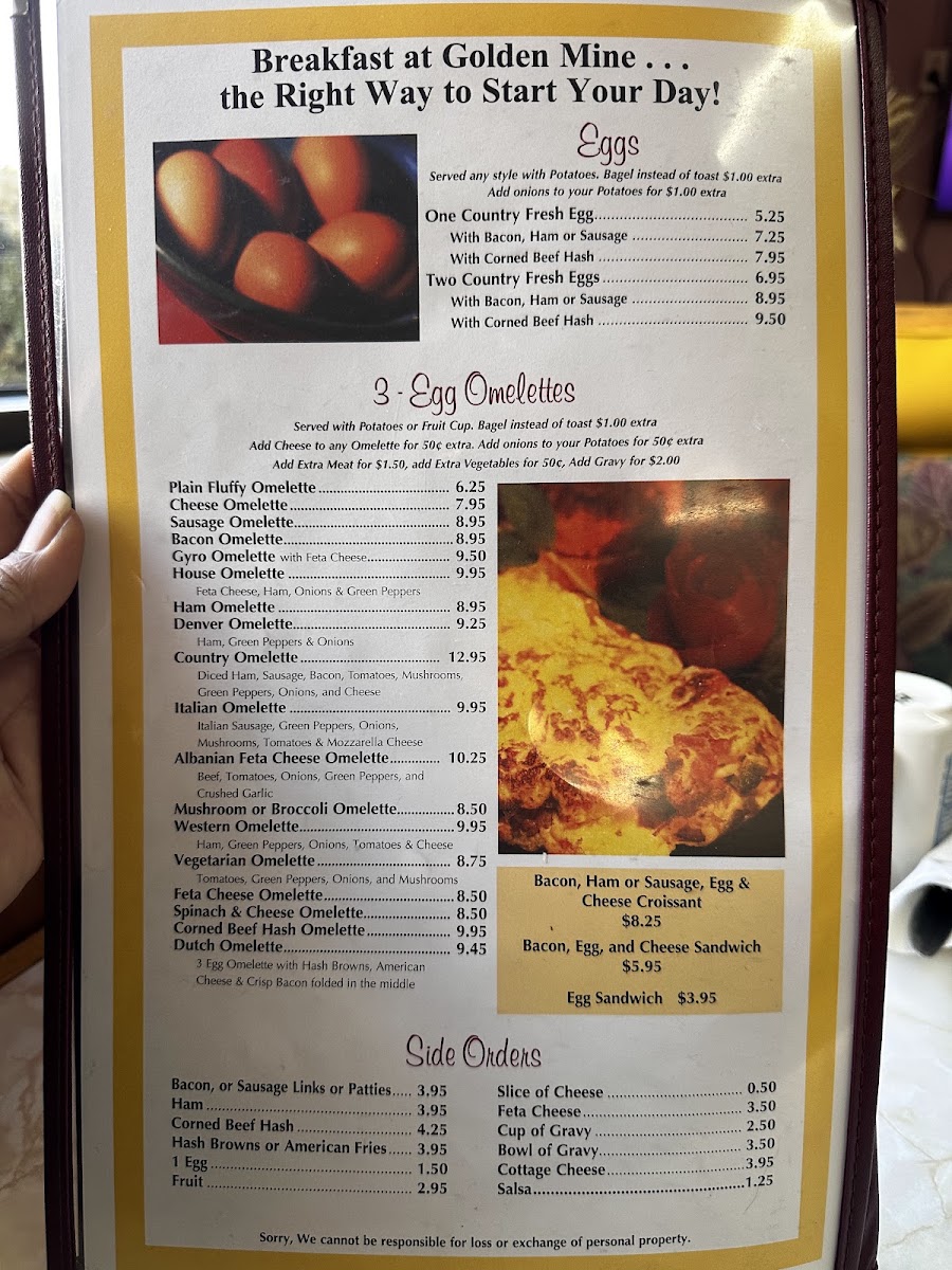 Golden Mine Family Restaurant menu board