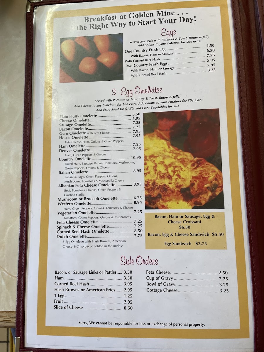 Golden Mine Family Restaurant menu board