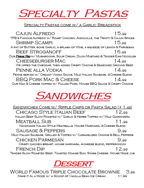 The Pasta Barn menu board