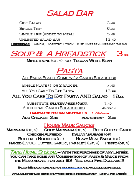 The Pasta Barn menu board