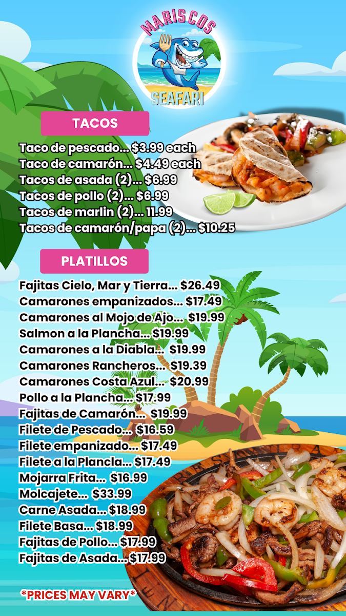 Mariscos Seafari Restaurant menu board