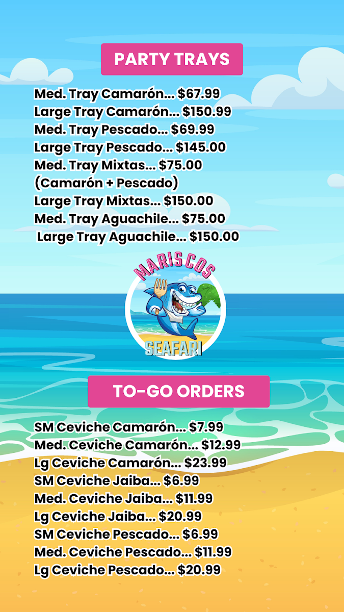 Mariscos Seafari Restaurant menu board