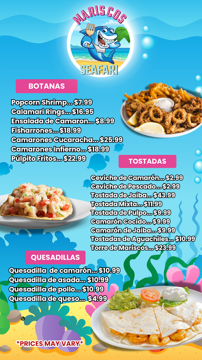 Mariscos Seafari Restaurant menu board