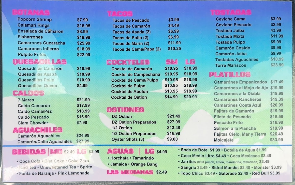 Mariscos Seafari Restaurant menu board