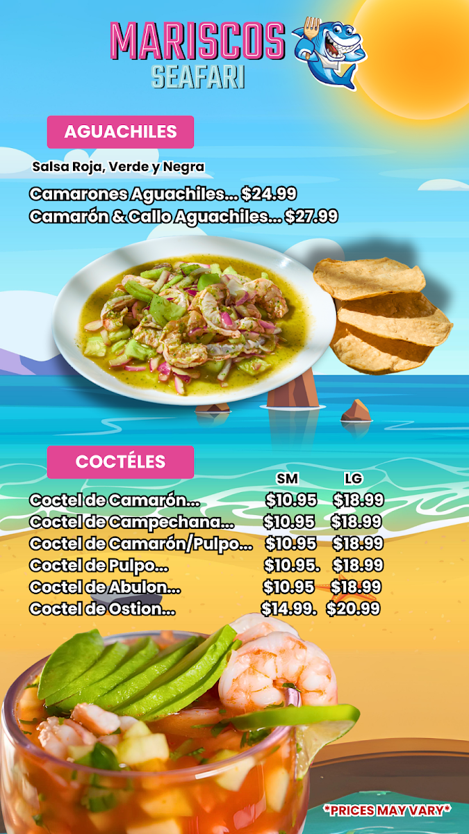 Mariscos Seafari Restaurant menu board