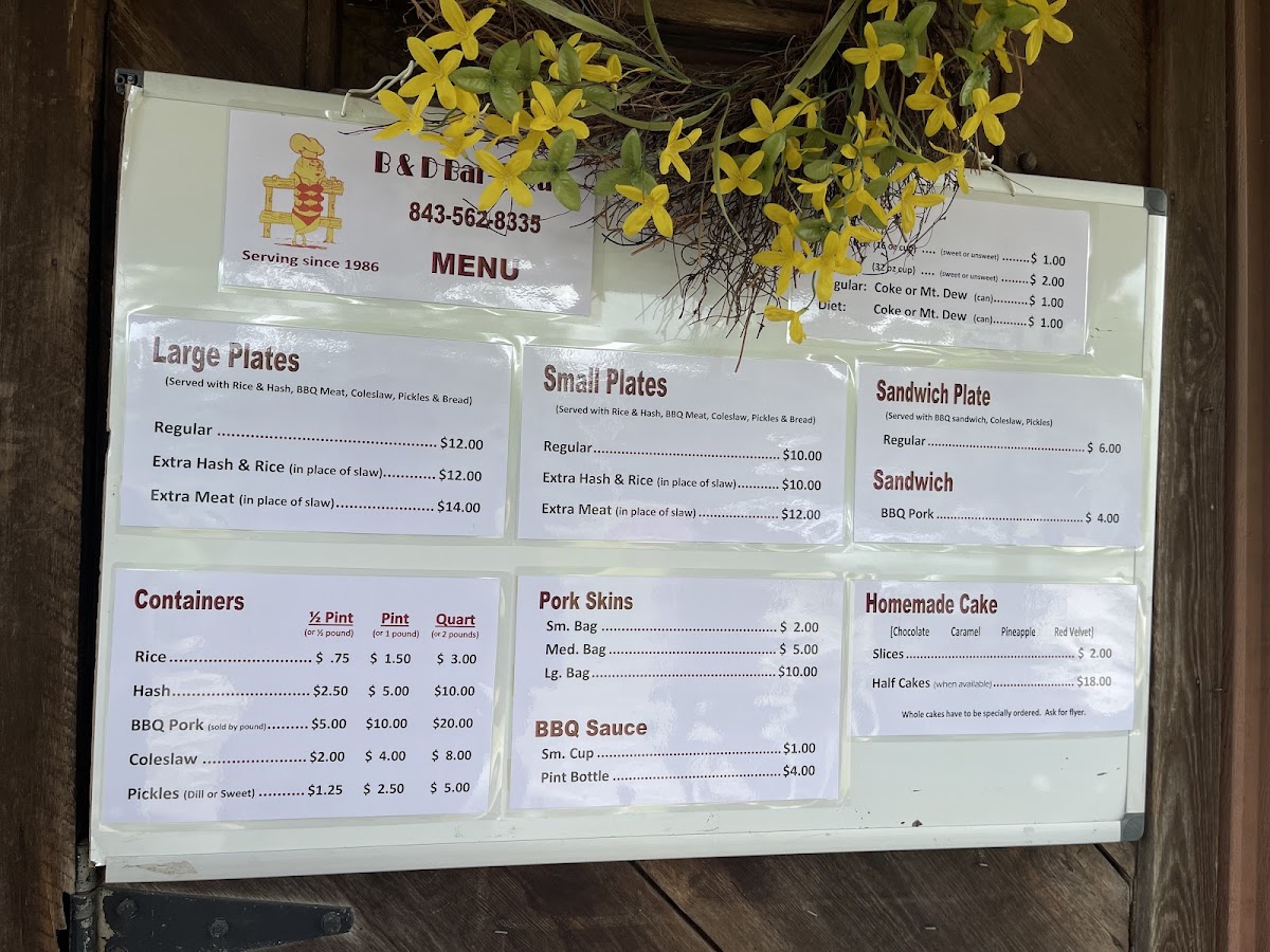 B & D Bar-B-Que menu board
