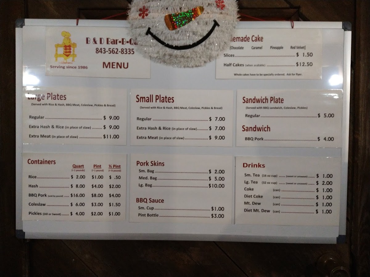 B & D Bar-B-Que menu board